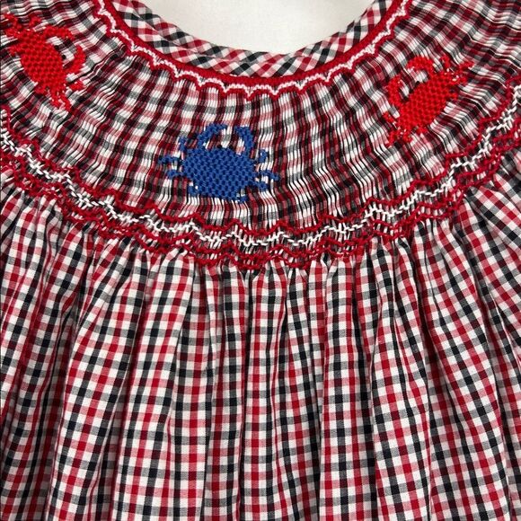 Rosalina Collections Red and blue smocked crab embroidered bishop dress size 3T - Picture 6 of 13